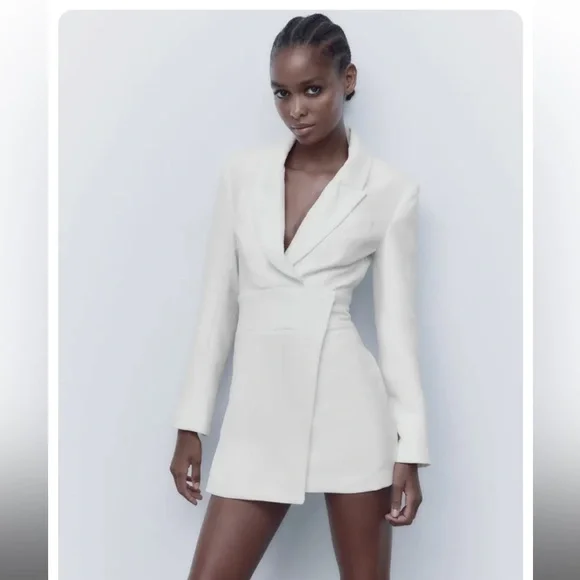 white blazer dress zara NEW WOMAN ASYMMETRIC DRAPED DRES SATIN EFFECT 2702/451 XS S chain belt with Eiffel detailing adds a signature touch White Blazer Dress Zara Dress